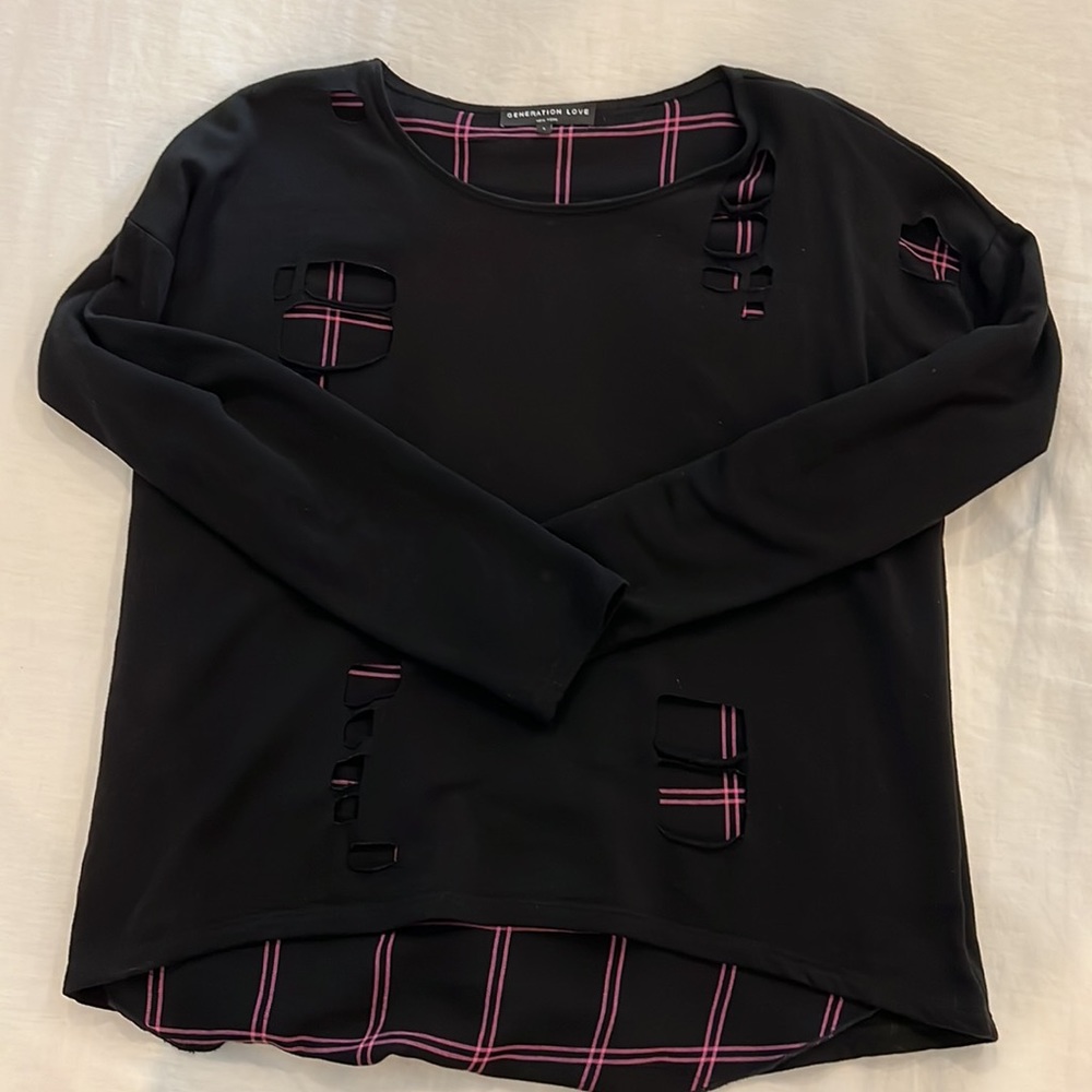 Generation Love Brooklyn Plaid Shirt & Distressed Sweatshirt Combo Top